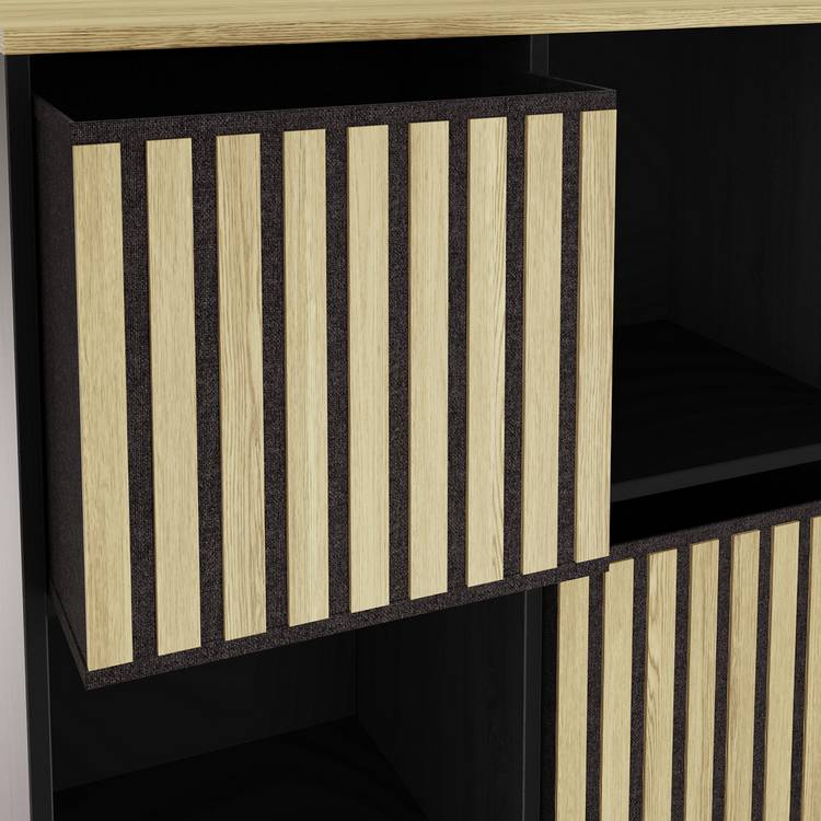 GFW Kube 4 cube storage unit in black with oak-effect boxes, UK version