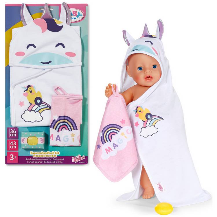 Baby Born unicorn hooded towel set for dolls 36cm - British product