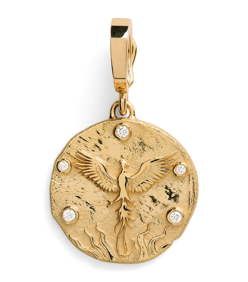 Azlee phoenix coin charm in 18k yellow gold with diamonds, UK version