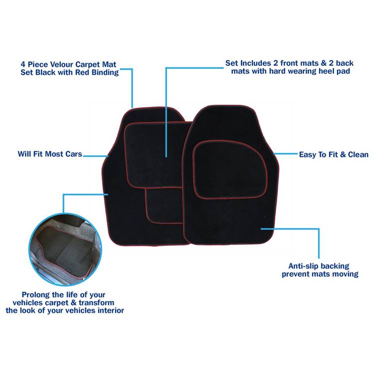 Streetwize carpet car mats black with red trim - British product