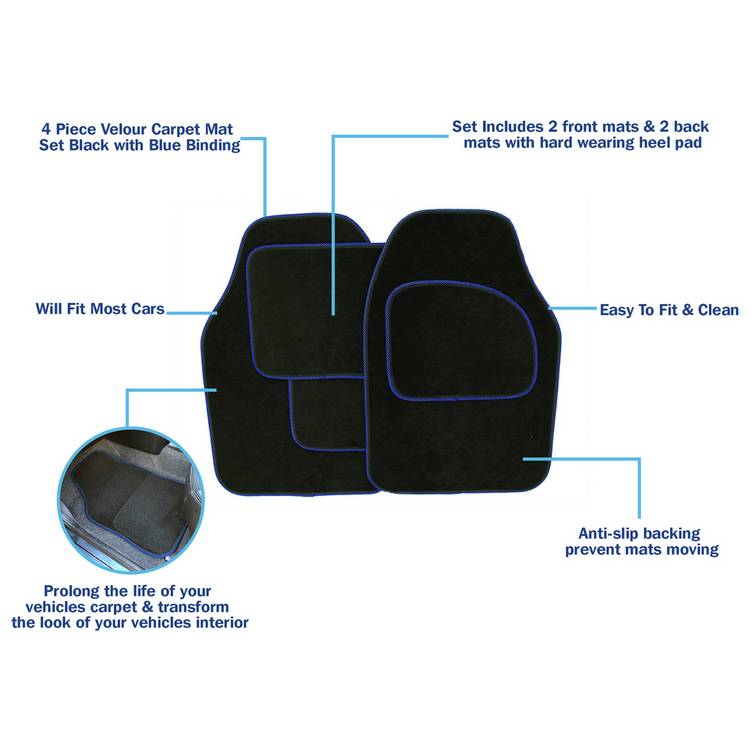 Streetwize set of 4 carpet car mats black blue trim, UK version