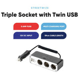 Streetwize triple 12V car adapter with USB - British product