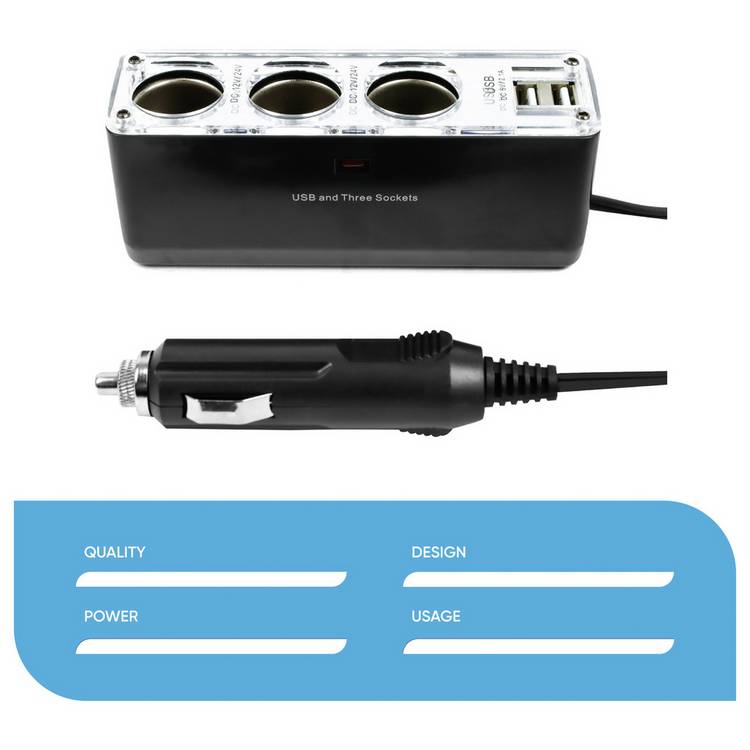Streetwize triple 12V car adapter with USB - British product