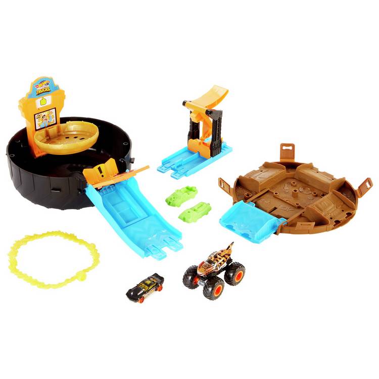Hot Wheels Stunt Tyre Launcher Playset with Tiger Shark monster truck, imported from the UK