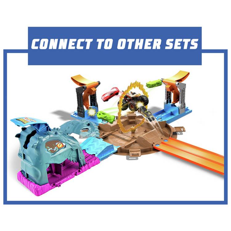 Hot Wheels Stunt Tyre Launcher Playset with Tiger Shark monster truck, imported from the UK