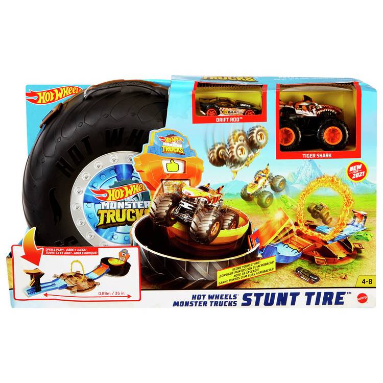 Hot Wheels Stunt Tyre Launcher Playset with Tiger Shark monster truck, imported from the UK