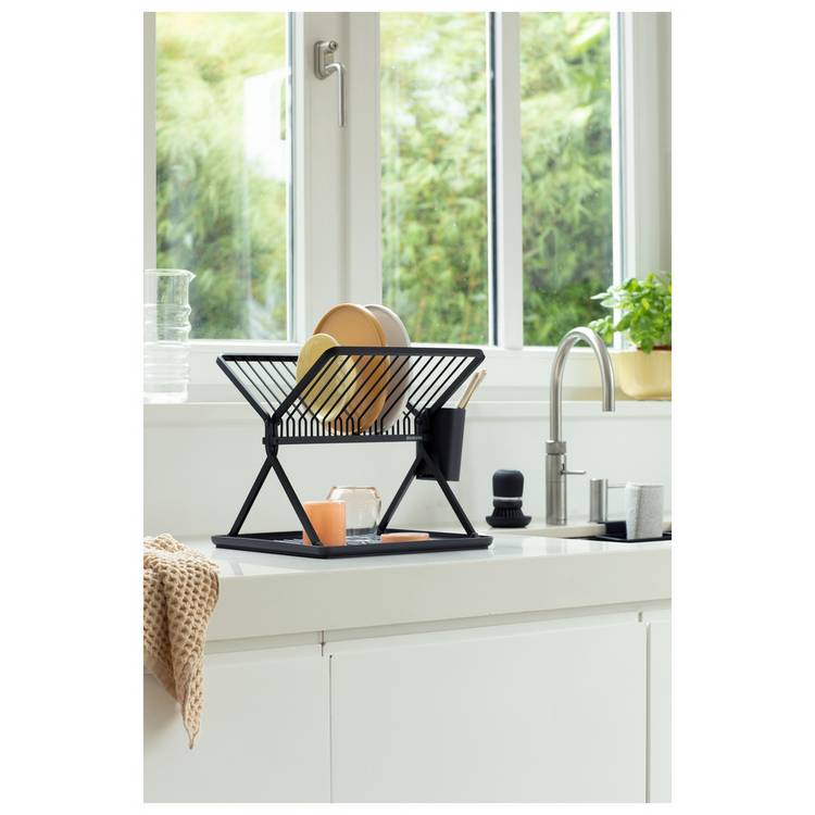 Brabantia foldable plastic dish rack dark grey with drip tray, UK version