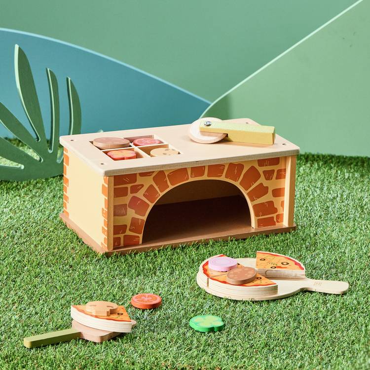 Chad Valley wooden pizza counter toy set with oven and toppings, imported from the UK