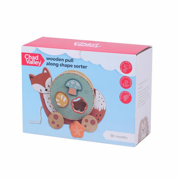 Chad Valley wooden pull along toy with shape sorting blocks, UK version