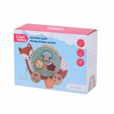 Chad Valley wooden pull along toy with shape sorting blocks, UK version