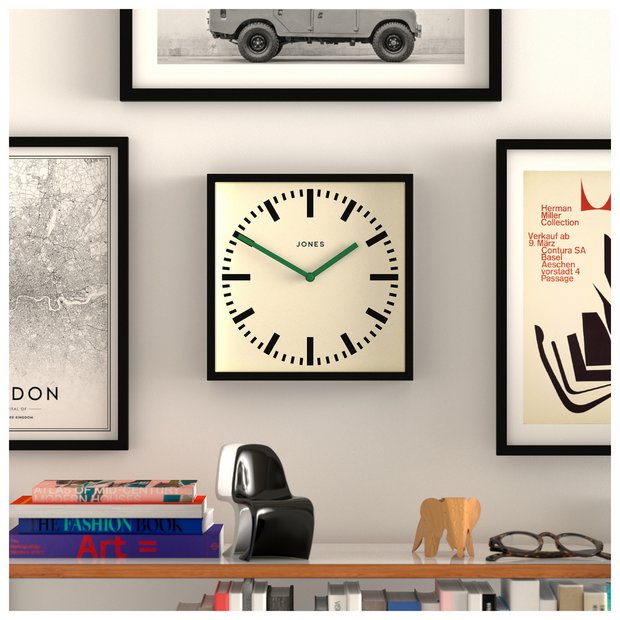 Jones Clocks square wall clock black railway dial 25cm (British brand)