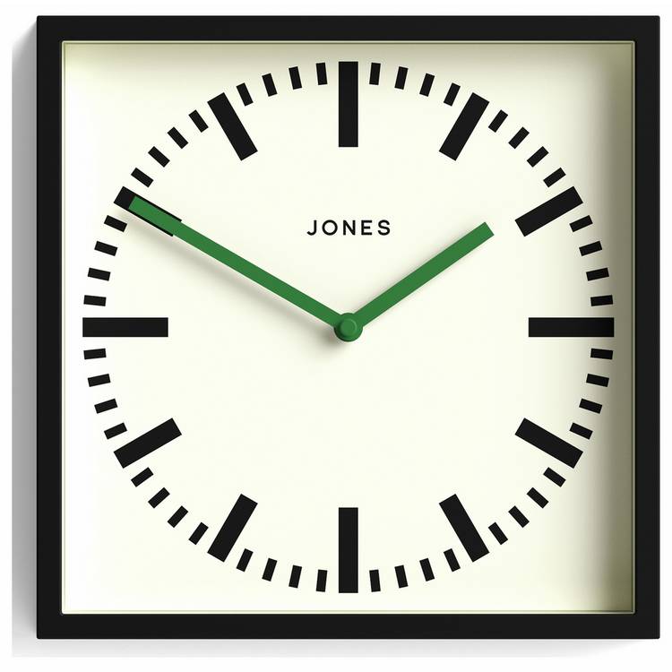 Jones Clocks square wall clock black railway dial 25cm (British brand)