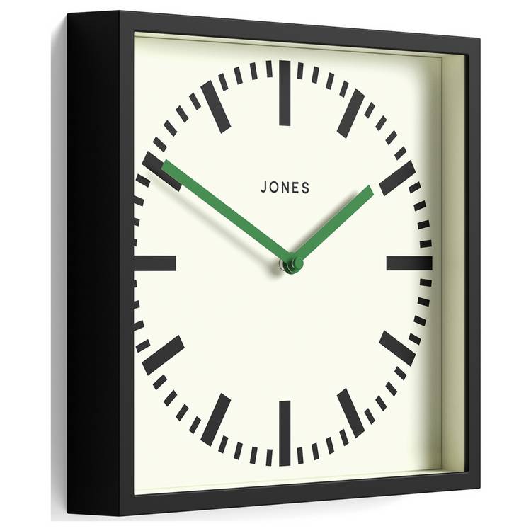 Jones Clocks square wall clock black railway dial 25cm (British brand)