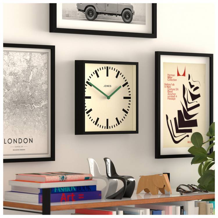 Jones Clocks square wall clock black railway dial 25cm (British brand)
