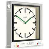 Jones Clocks square wall clock black railway dial 25cm (British brand)