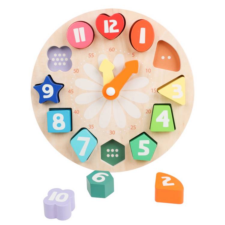 Chad Valley wooden learning clock with shape sorter (British brand)