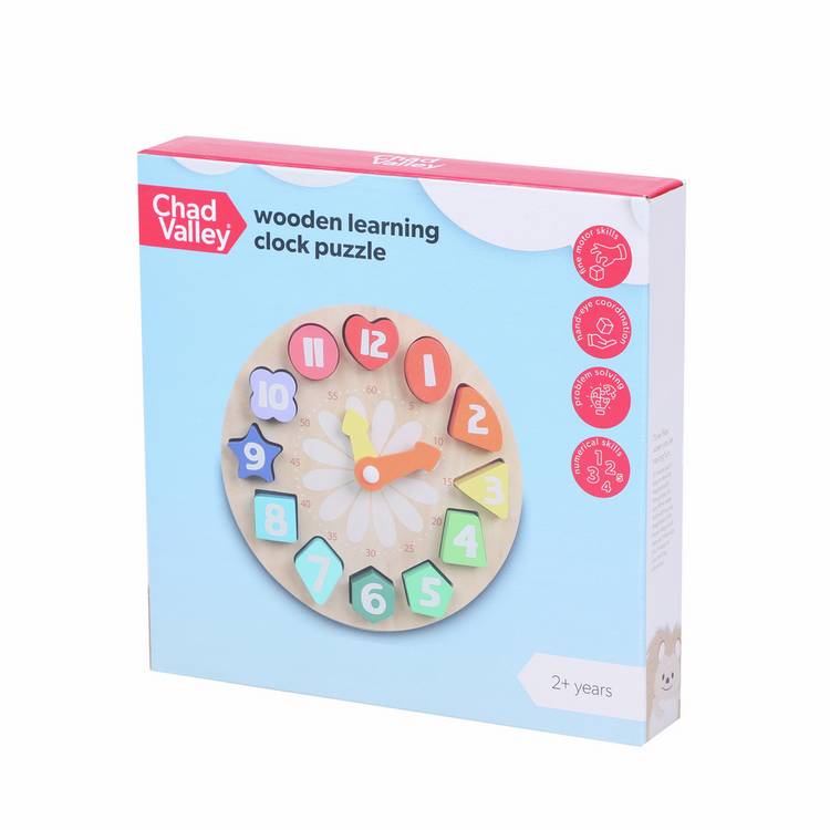 Chad Valley wooden learning clock with shape sorter (British brand)