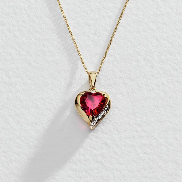 Revere 9ct created ruby and diamond pendant necklace, gold plated, heart shape - British product