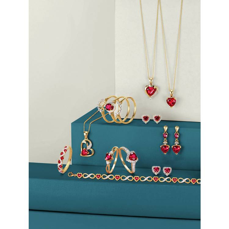 Revere 9ct created ruby and diamond pendant necklace, gold plated, heart shape - British product