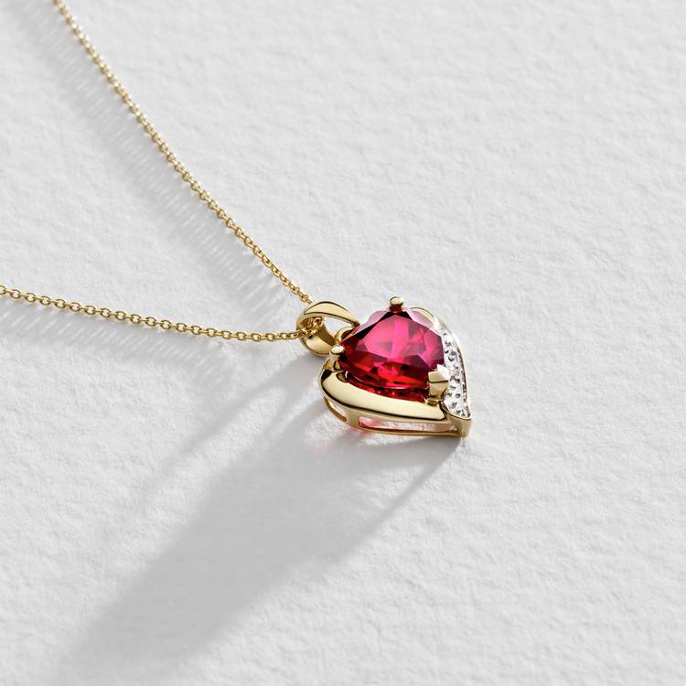 Revere 9ct created ruby and diamond pendant necklace, gold plated, heart shape - British product