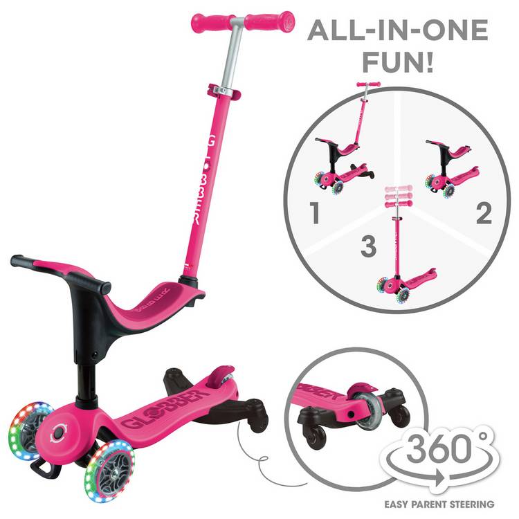 Globber Go Up Sporty Lights 360 deep pink scooter, imported from the UK