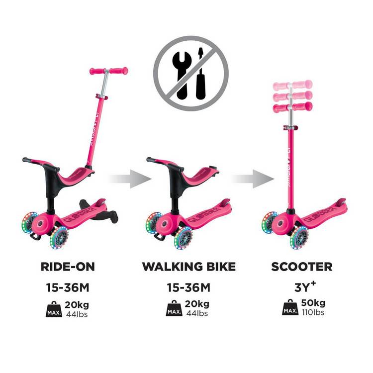 Globber Go Up Sporty Lights 360 deep pink scooter, imported from the UK