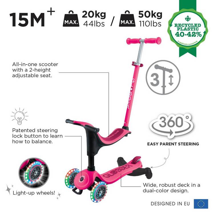 Globber Go Up Sporty Lights 360 deep pink scooter, imported from the UK