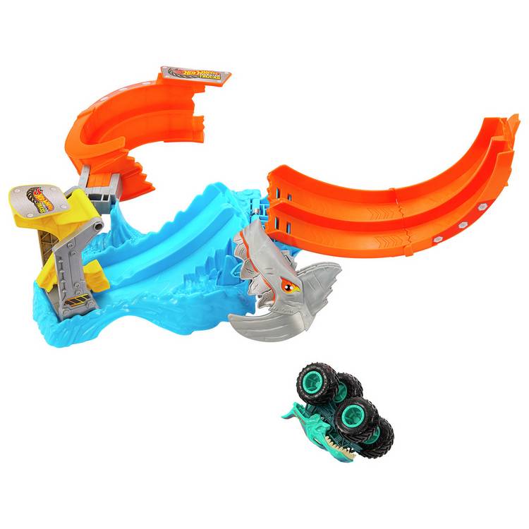 Hot Wheels Monster Trucks Corkscrew Shark Smash track set, UK version
