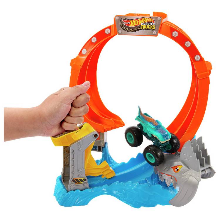 Hot Wheels Monster Trucks Corkscrew Shark Smash track set, UK version