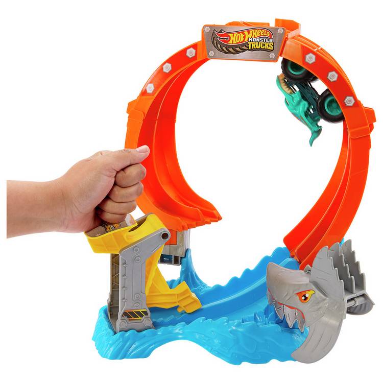 Hot Wheels Monster Trucks Corkscrew Shark Smash track set, UK version