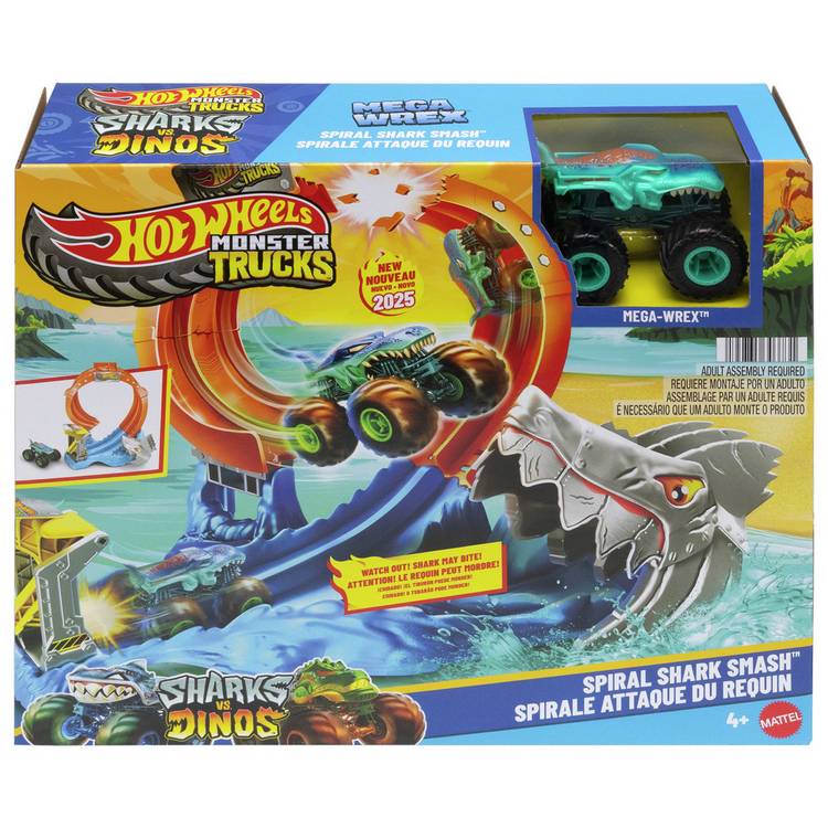 Hot Wheels Monster Trucks Corkscrew Shark Smash track set, UK version