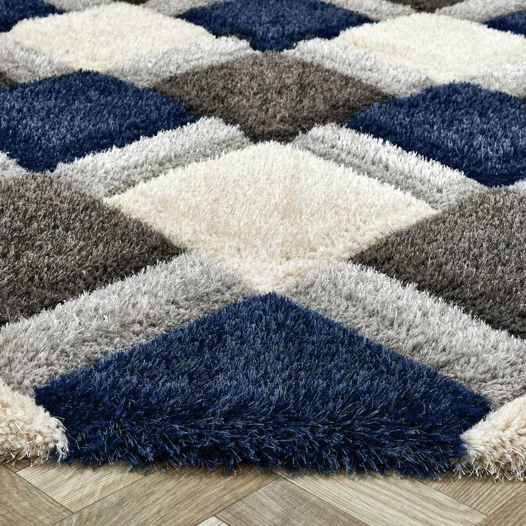 Origins 3D geometric navy shaggy rug 120x170cm, imported from the UK