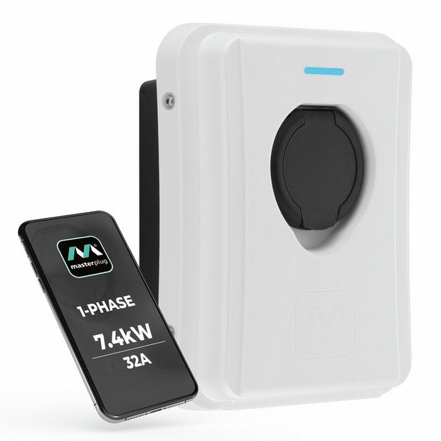 Masterplug white EV charger Type 2 7.4kW, imported from the UK
