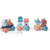 Chad Valley wooden pull along train with ocean blocks - British product