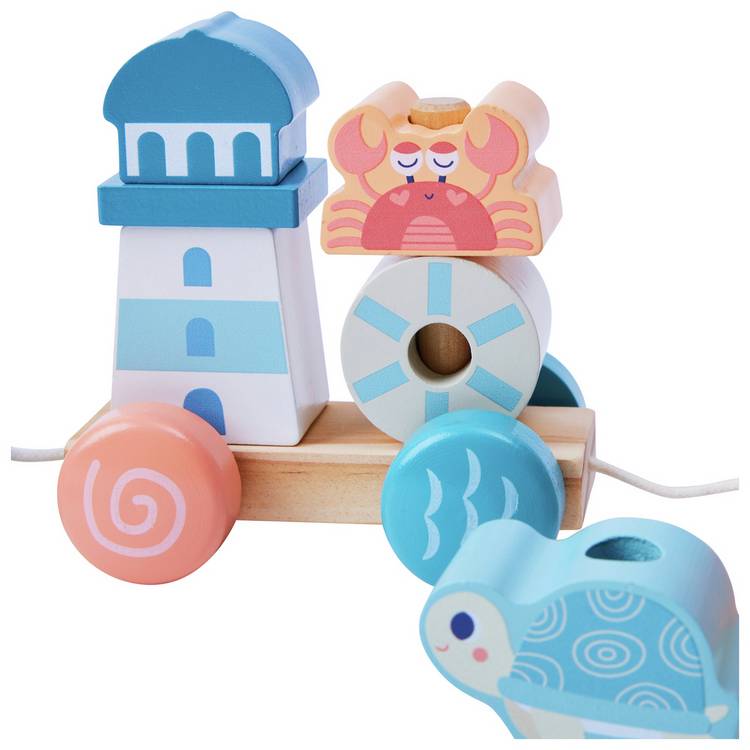 Chad Valley wooden pull along train with ocean blocks - British product