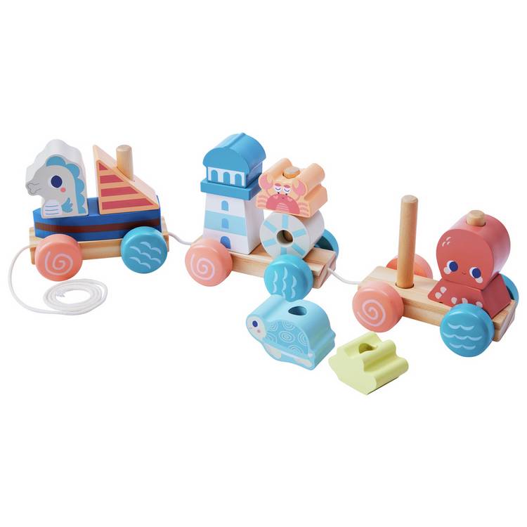 Chad Valley wooden pull along train with ocean blocks - British product