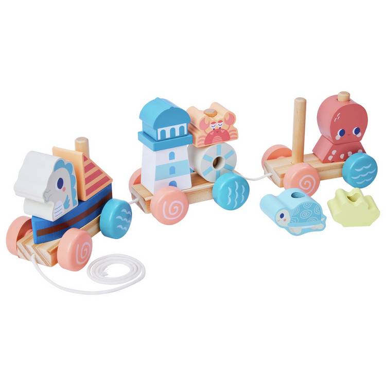 Chad Valley wooden pull along train with ocean blocks - British product