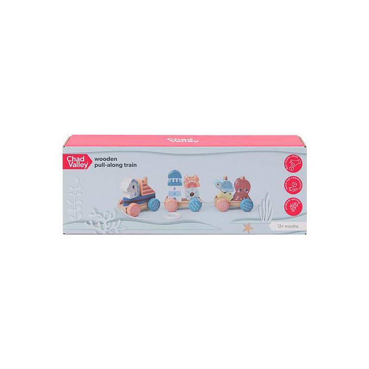 Chad Valley wooden pull along train with ocean blocks - British product