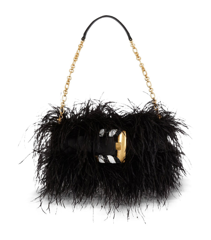 Balmain Anthem clutch bag with long fibres and gold buckle, imported from the UK
