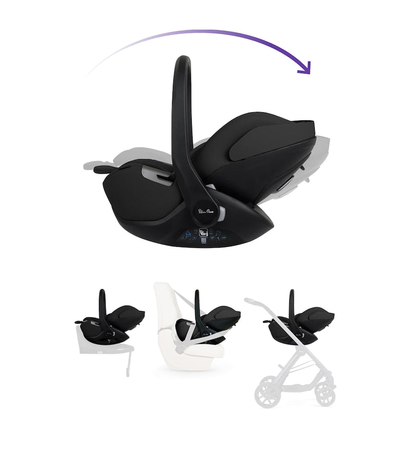 Silver Cross infant car seat with 360-degree rotation and lie-flat recliner (British brand)