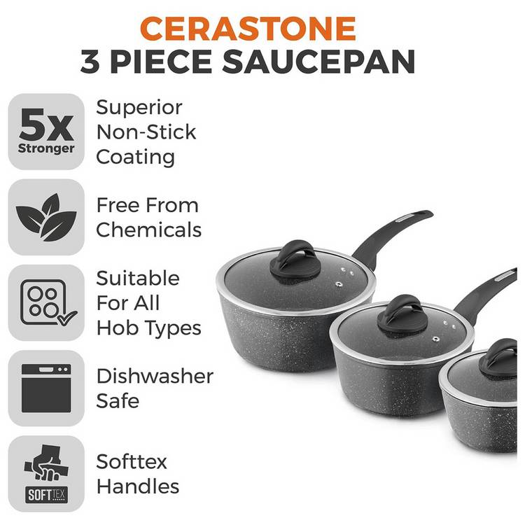 Tower Cerastone 3 piece aluminium saucepan set black, imported from the UK