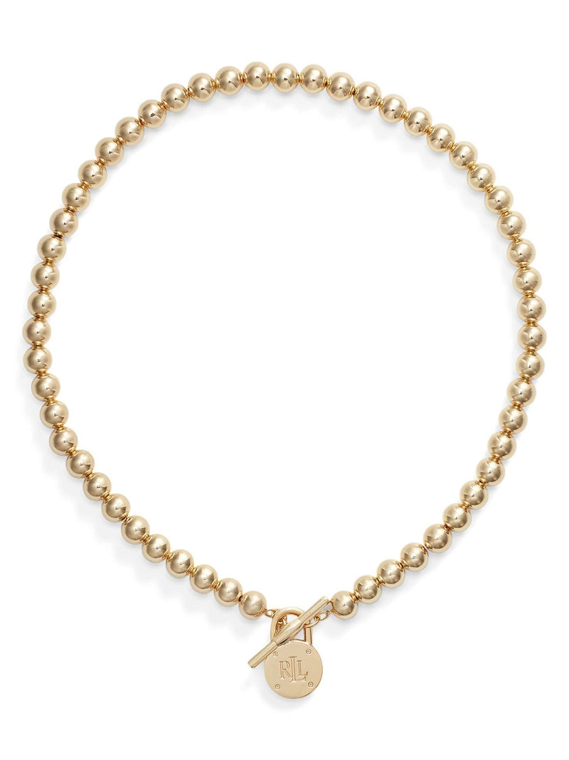 Lauren Ralph Lauren gold bead necklace with engraved pendant, UK version
