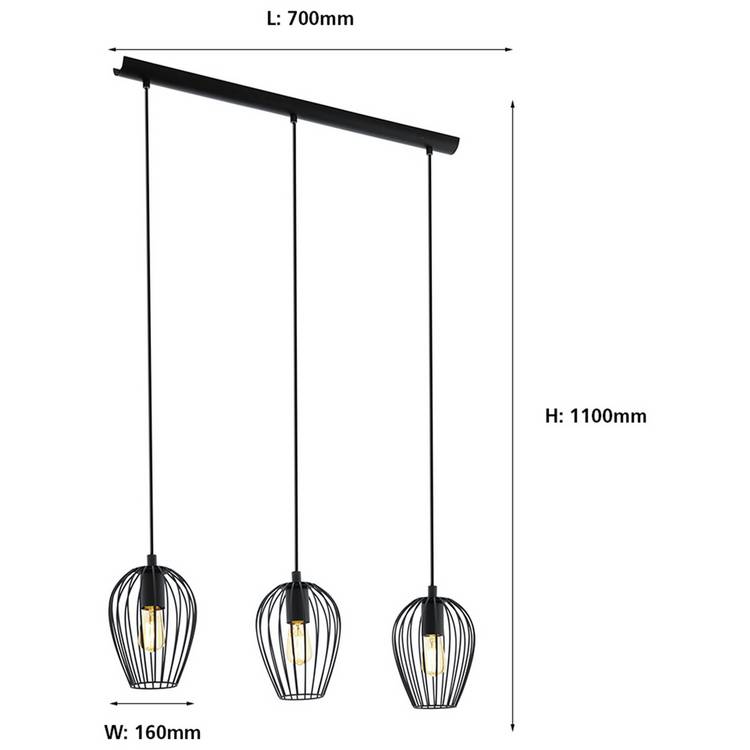 EGLO Newtown three-light pendant light in black, imported from the UK