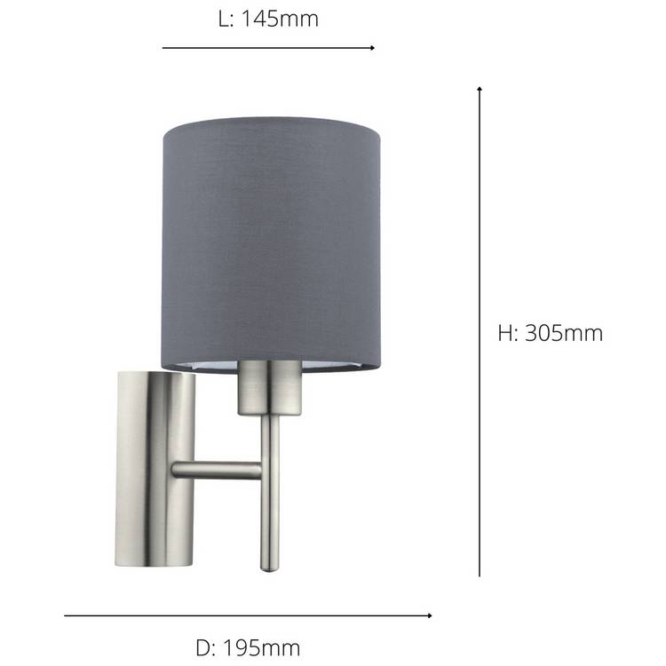 EGLO Pasteri wall light grey with fabric shade, imported from the UK