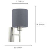 EGLO Pasteri wall light grey with fabric shade, imported from the UK