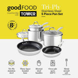 good FOOD 5 piece pan set tri-ply stainless steel, UK version