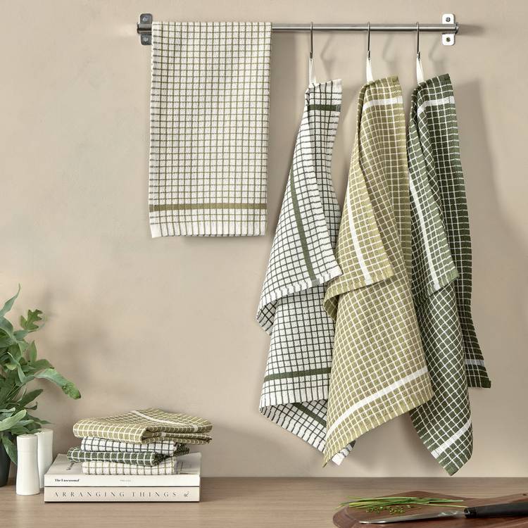 Argos Home green grid tea towels pack of 8 66x46cm (British brand)