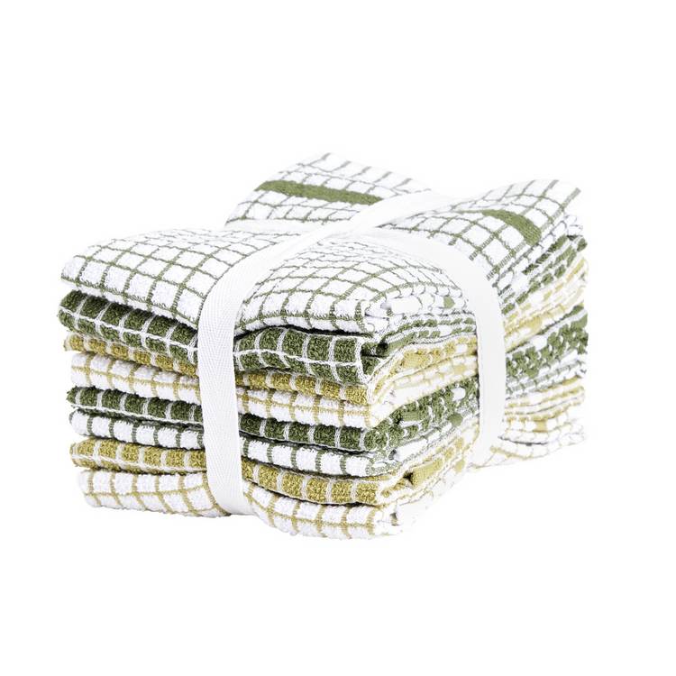 Argos Home green grid tea towels pack of 8 66x46cm (British brand)