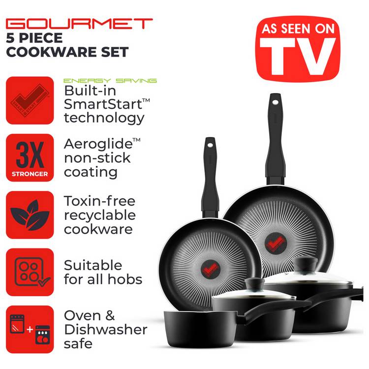 Tower SmartStart Gourmet 5 piece aluminium pan set black - British product