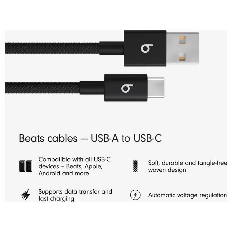 Beats 1.5m woven USB-C cable in Bolt Black, imported from the UK